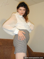 White fishnet pantyhose on teen brunette girl