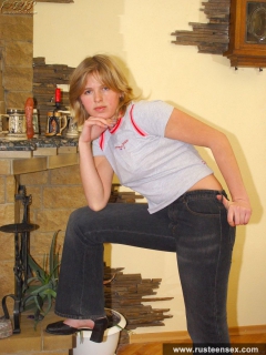 Russian teen blonde masturbates near fireplace - N