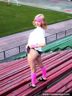 Russian teen blonde walks naked outdoor and masturbates - N