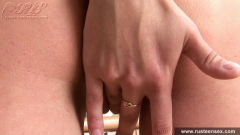 Russian teen blonde fingering shaved pussy in the kitchen - N