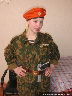 Russian teen in military uniform masturbates with dildo - N