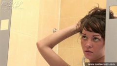 Russian teen brunette fingering shaved pussy in the shower - N