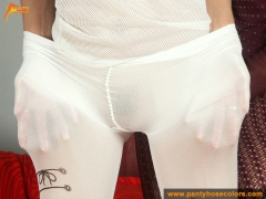 Purple and white pantyhose lesbians do cunnilingus - N