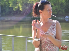 Amateur brunette babe Mina outdoor sexy smoke session - N