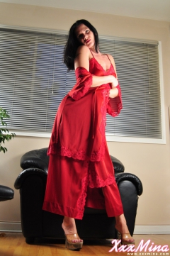 Pretty brunette babe Mina in red dress chair masturbating - N