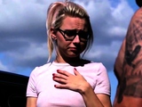 Voyeur GF teases BF who jerks outdoor