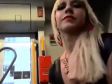 confident girlfriend gives nervous boyfriend blowjob on bus