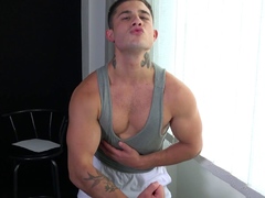 Twink muscle bulk boy flexing with boner