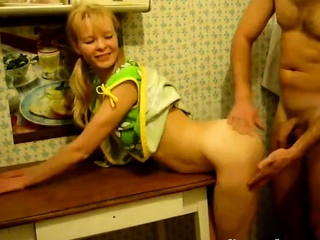 Blonde Girl's Kitchen Table Blowjob and Hardcore Fuck